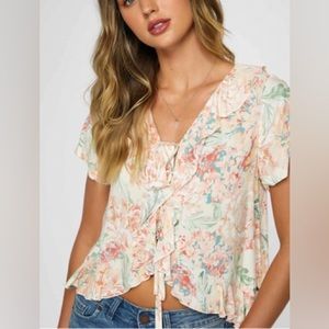 O'NEILL Avila Pink Green Blue Oversized 90s Floral Ruffled Lace Up Crop Top S